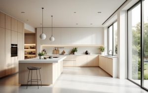 Cuisine ouverte contemporaine avec un îlot au centre, des meubles clairs et un système de tri intégré discrètement invisible depuis le salon.