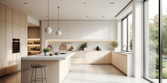 Cuisine ouverte contemporaine avec un îlot au centre, des meubles clairs et un système de tri intégré discrètement invisible depuis le salon.