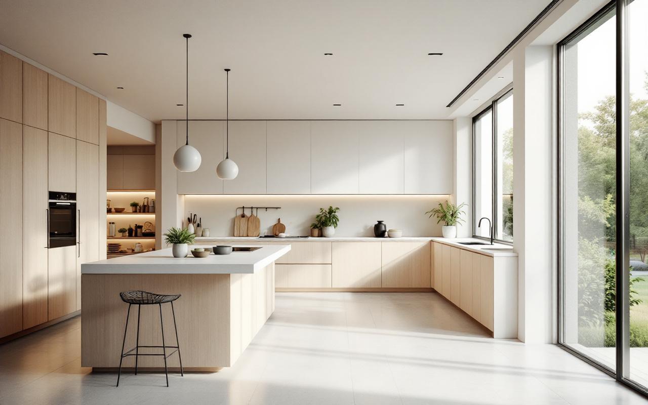 Cuisine ouverte contemporaine avec un îlot au centre, des meubles clairs et un système de tri intégré discrètement invisible depuis le salon.