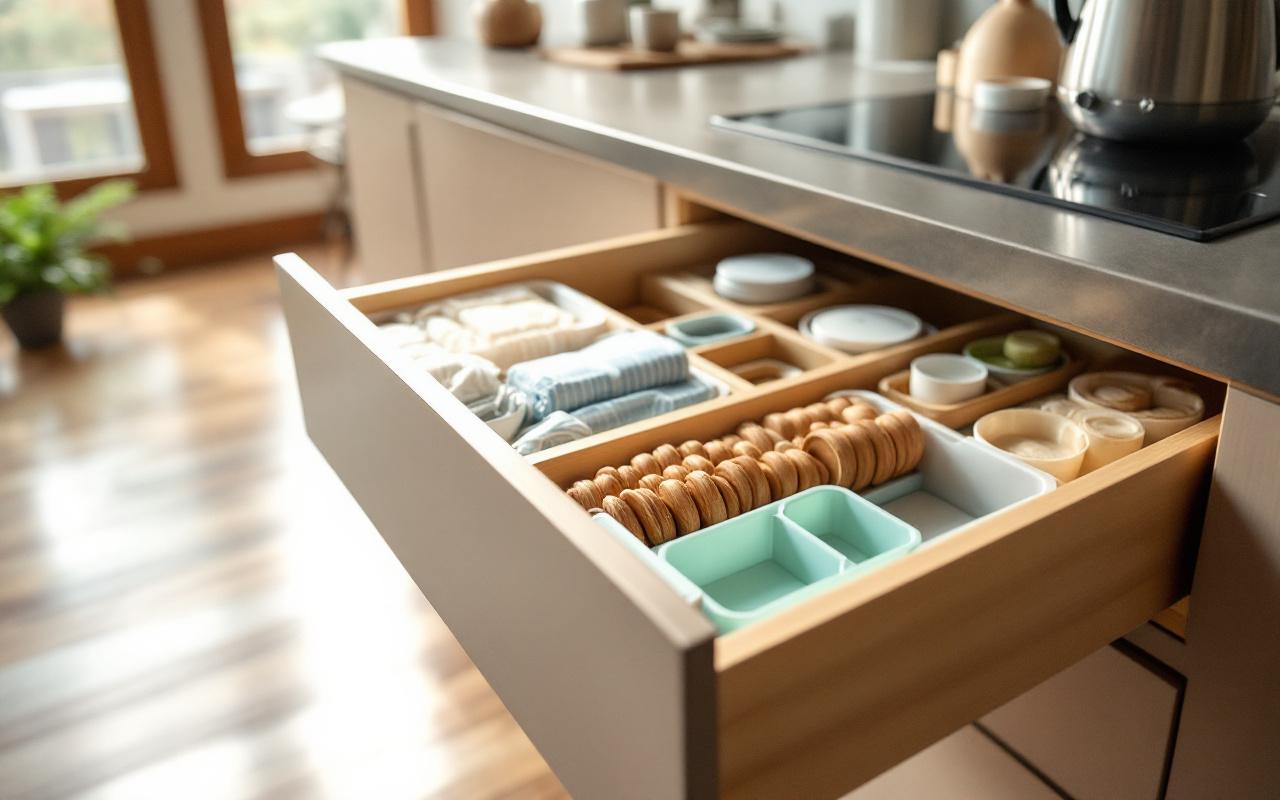 Tiroir de cuisine ouvert montrant plusieurs bacs de tri compartimentés sous le plan de travail dans une cuisine ouverte.