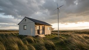 Maison autonome équipée d’une petite éolienne sur mât, dans un paysage dégagé sous un ciel venteux, ambiance documentaire.