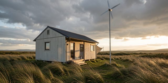 Maison autonome équipée d’une petite éolienne sur mât, dans un paysage dégagé sous un ciel venteux, ambiance documentaire.