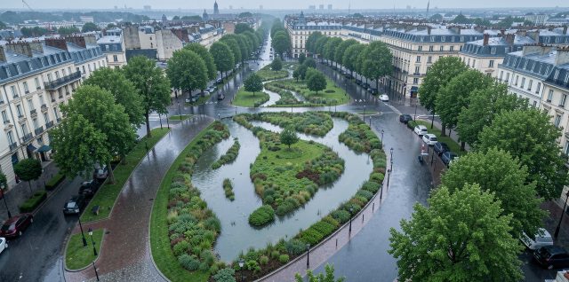 Vue aérienne réaliste d’une ville française après une forte pluie, montrant un parc inondable, des noues végétalisées remplies d’eau et des arbres urbains.