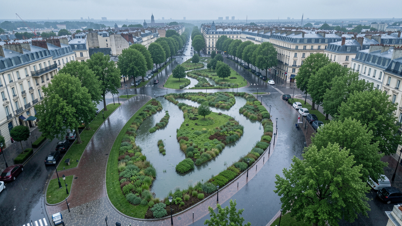 Vue aérienne réaliste d’une ville française après une forte pluie, montrant un parc inondable, des noues végétalisées remplies d’eau et des arbres urbains.