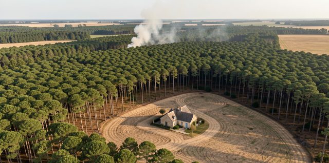 Vue aérienne réaliste d’une forêt de pins en Gironde, avec une maison isolée entourée d’abords débroussaillés et un panache de fumée visible au loin.
