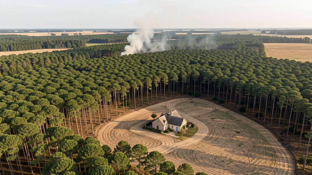 Vue aérienne réaliste d’une forêt de pins en Gironde, avec une maison isolée entourée d’abords débroussaillés et un panache de fumée visible au loin.