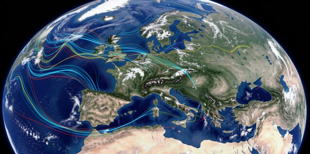 Vue satellite réaliste de l’hémisphère Nord montrant un courant-jet polaire sinueux et des rubans de vent colorés au-dessus de l’Atlantique et de l’Europe.