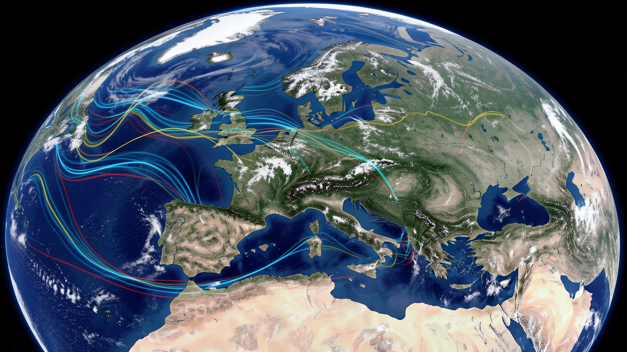 Vue satellite réaliste de l’hémisphère Nord montrant un courant-jet polaire sinueux et des rubans de vent colorés au-dessus de l’Atlantique et de l’Europe.