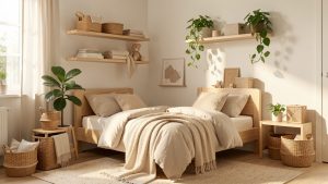 Chambre d’enfant lumineuse aménagée en bois naturel, avec textiles doux, plantes vertes et rangements sobres.