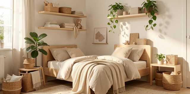 Chambre d’enfant lumineuse aménagée en bois naturel, avec textiles doux, plantes vertes et rangements sobres.
