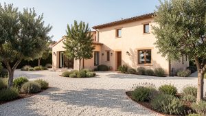 Jardin méditerranéen autour d’une maison claire, avec une zone minérale près des façades, des arbres feuillus espacés et des massifs de vivaces sobres baignés de lumière estivale.