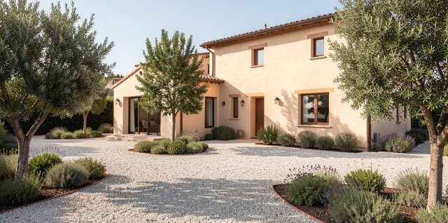 Jardin méditerranéen autour d’une maison claire, avec une zone minérale près des façades, des arbres feuillus espacés et des massifs de vivaces sobres baignés de lumière estivale.