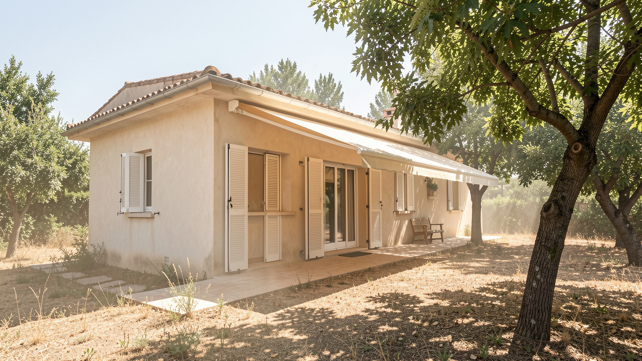 Maison individuelle protégée du soleil estival par des volets extérieurs, un store banne et des arbres feuillus, dans une ambiance réaliste de forte chaleur.