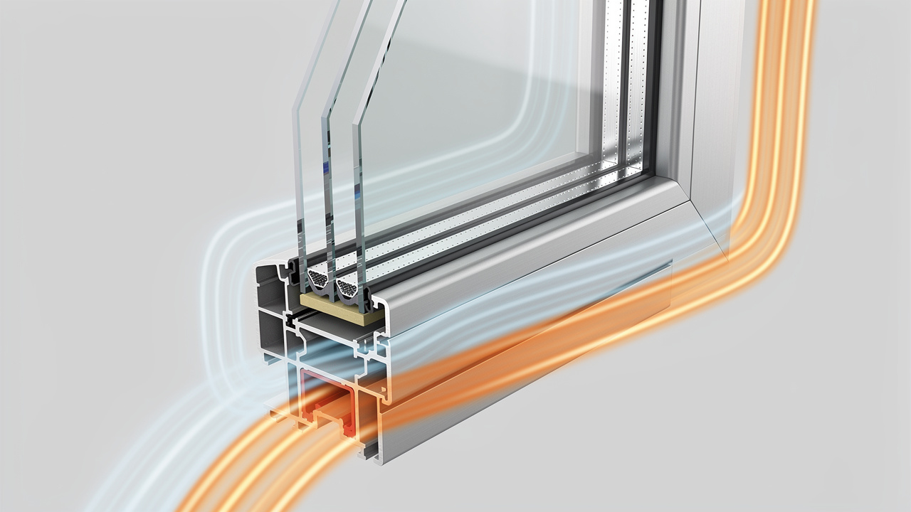 Coupe technique réaliste d’une fenêtre isolante montrant le vitrage, l’intercalaire, le cadre et les flux thermiques colorés.