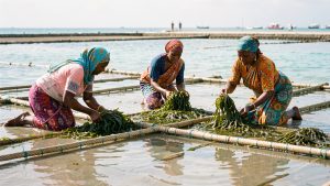 Trois femmes zanzibarites en vêtements côtiers colorés récoltent des algues à la main dans un lagon peu profond à marée basse, entre des cordes de culture baignées par la douce lumière de l’océan Indien.