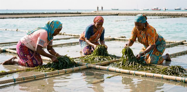 Trois femmes zanzibarites en vêtements côtiers colorés récoltent des algues à la main dans un lagon peu profond à marée basse, entre des cordes de culture baignées par la douce lumière de l’océan Indien.