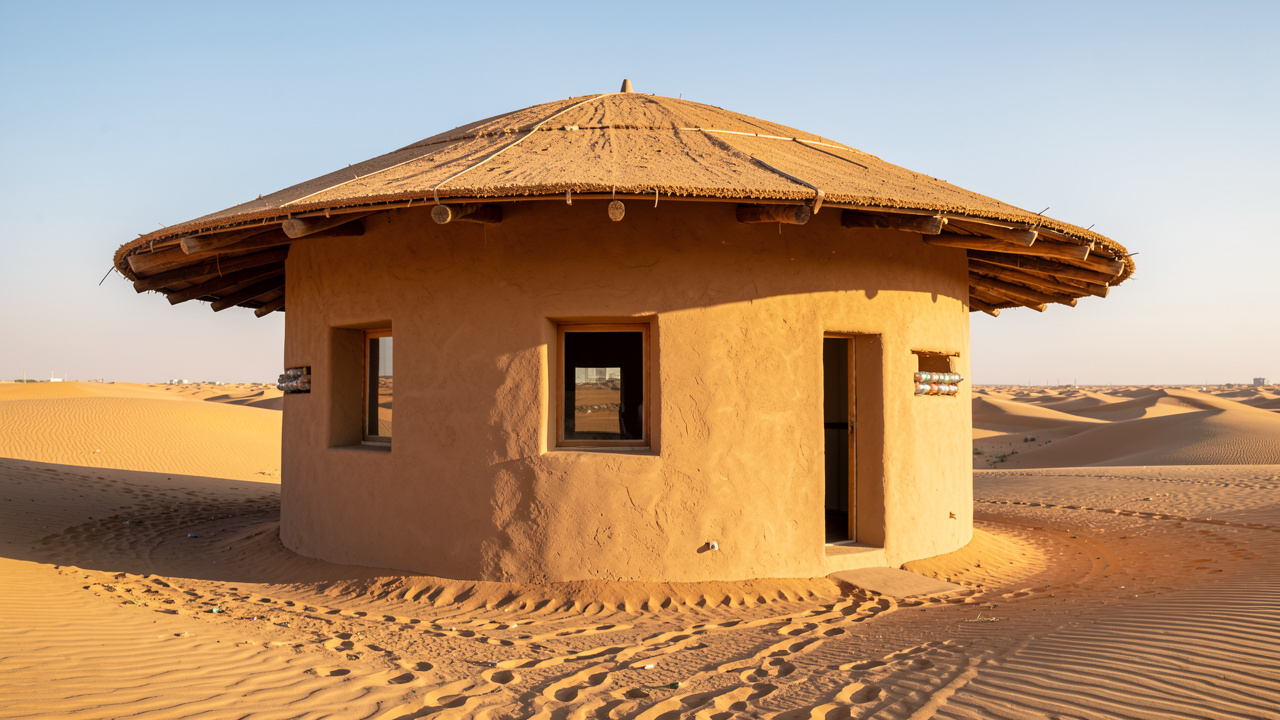 Maison ronde aux murs enduits construits avec des bouteilles plastiques remplies de sable, dotée d’un double toit clair et de petites fenêtres ombragées au milieu d’un désert de dunes dorées.