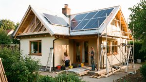 Maison écologique en rénovation avec toiture isolée, panneaux solaires et trois artisans travaillant à la lumière naturelle.