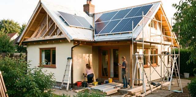 Maison écologique en rénovation avec toiture isolée, panneaux solaires et trois artisans travaillant à la lumière naturelle.