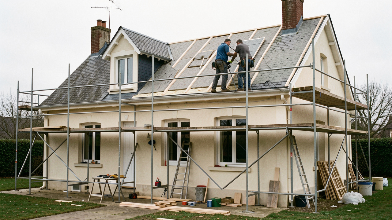 Maison individuelle française en rénovation écologique, avec isolation de la toiture, façades sobres, caméra thermique discrète et deux ouvriers sur un échafaudage.