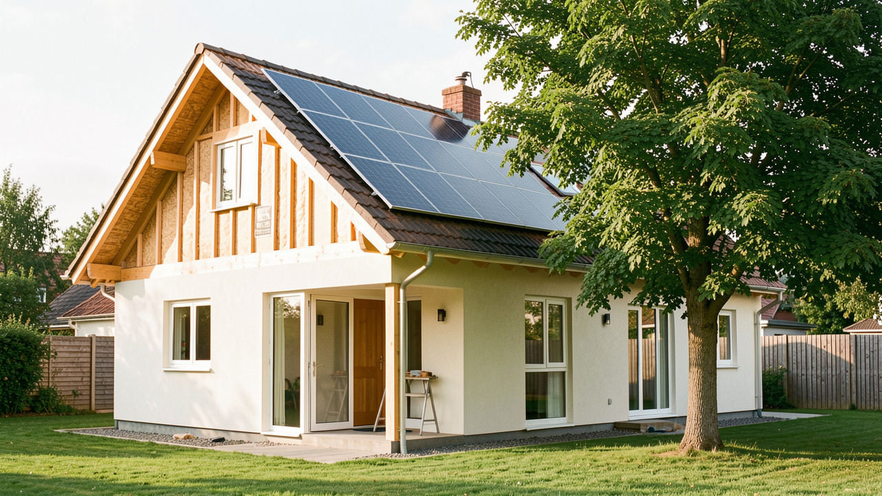Maison individuelle en rénovation énergétique avec toiture isolée, panneaux solaires et grand arbre d’ombrage, photographiée dans un style réaliste et éditorial.