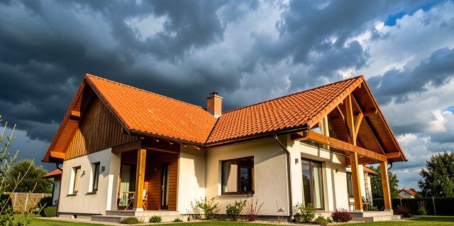 Maison individuelle photographiée en contre-plongée, avec une toiture en tuiles de terre cuite sous un soleil intense et un ciel chargé annonçant un orage.