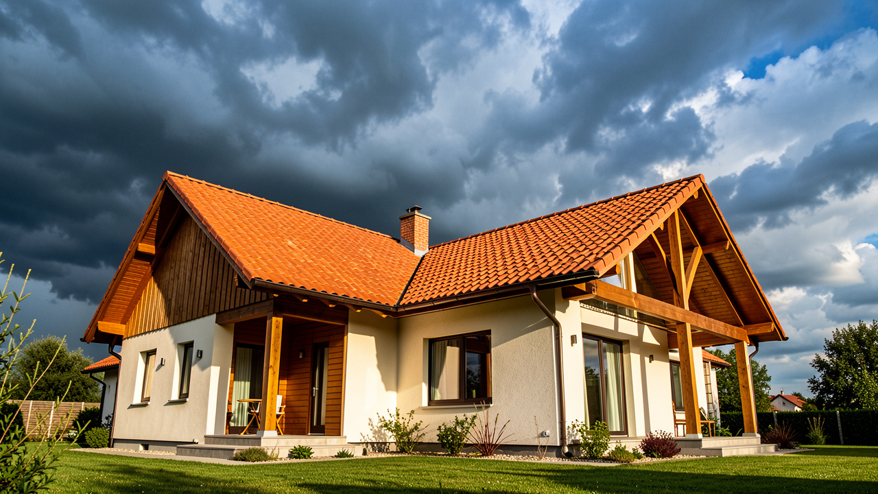 Maison individuelle photographiée en contre-plongée, avec une toiture en tuiles de terre cuite sous un soleil intense et un ciel chargé annonçant un orage.