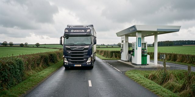 Camion poids lourd moderne roulant sur une route rurale bretonne près d’une station de biogaz, avec des champs verdoyants et un ciel nuageux.
