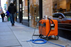 Génératrice électrique portable alimentant des outils sur un chantier.