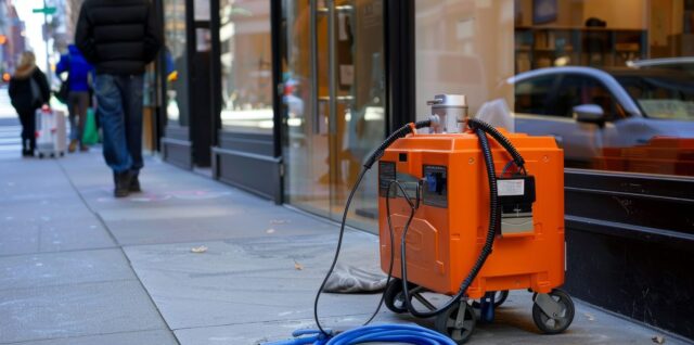 Génératrice électrique portable alimentant des outils sur un chantier.