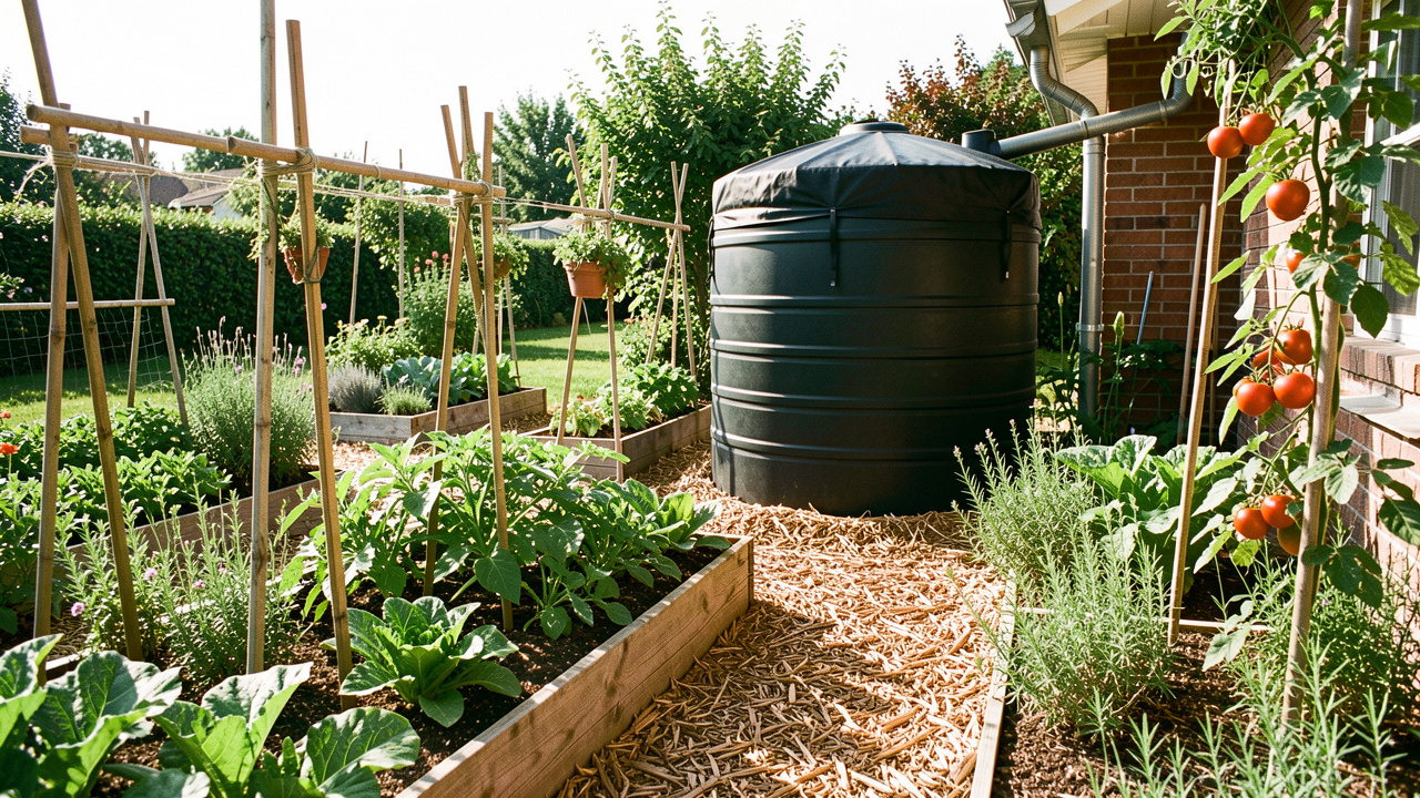 Jardin potager luxuriant en été avec légumes, paillage au sol et grande cuve de récupération d’eau de pluie reliée à une gouttière.