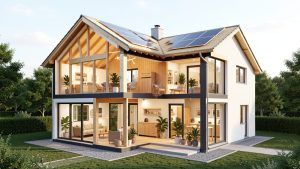 Maison rénovée présentée en coupe, montrant une toiture, des murs, des sols et des fenêtres bien isolés dans une ambiance lumineuse et écologique.