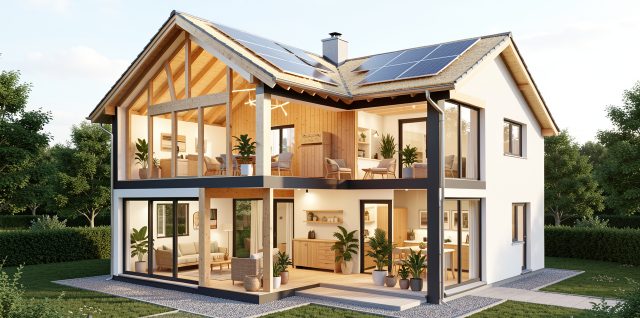 Maison rénovée présentée en coupe, montrant une toiture, des murs, des sols et des fenêtres bien isolés dans une ambiance lumineuse et écologique.
