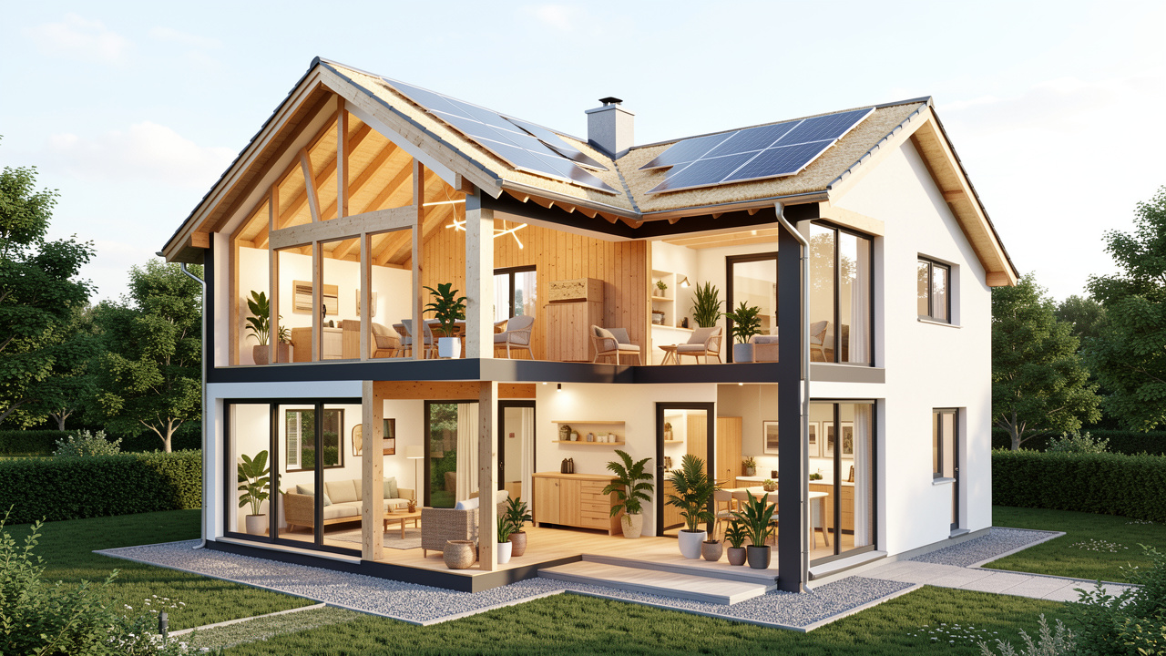 Maison rénovée présentée en coupe, montrant une toiture, des murs, des sols et des fenêtres bien isolés dans une ambiance lumineuse et écologique.