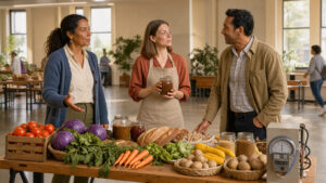 Table de marché garnie de produits locaux à côté d’un compteur d’énergie domestique, avec deux femmes et un homme réunis dans un lieu public lumineux.