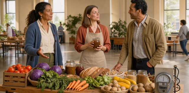Table de marché garnie de produits locaux à côté d’un compteur d’énergie domestique, avec deux femmes et un homme réunis dans un lieu public lumineux.