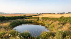 Paysage agricole du Centre-Ouest en été sec, avec une mare partiellement en eau, des haies bocagères et une prairie fleurie.