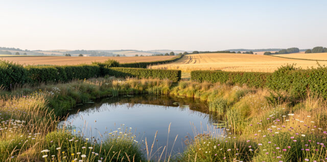 Paysage agricole du Centre-Ouest en été sec, avec une mare partiellement en eau, des haies bocagères et une prairie fleurie.