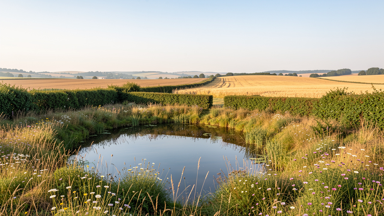 Paysage agricole du Centre-Ouest en été sec, avec une mare partiellement en eau, des haies bocagères et une prairie fleurie.