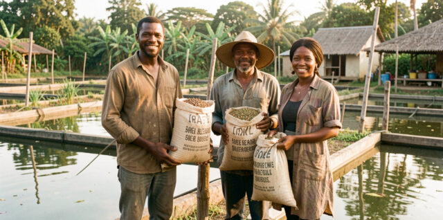 Deux hommes et une femme pisciculteurs ouest-africains posent devant des bassins d’élevage de poissons, entourés de sacs d’aliments à base d’insectes et de tourteaux végétaux.