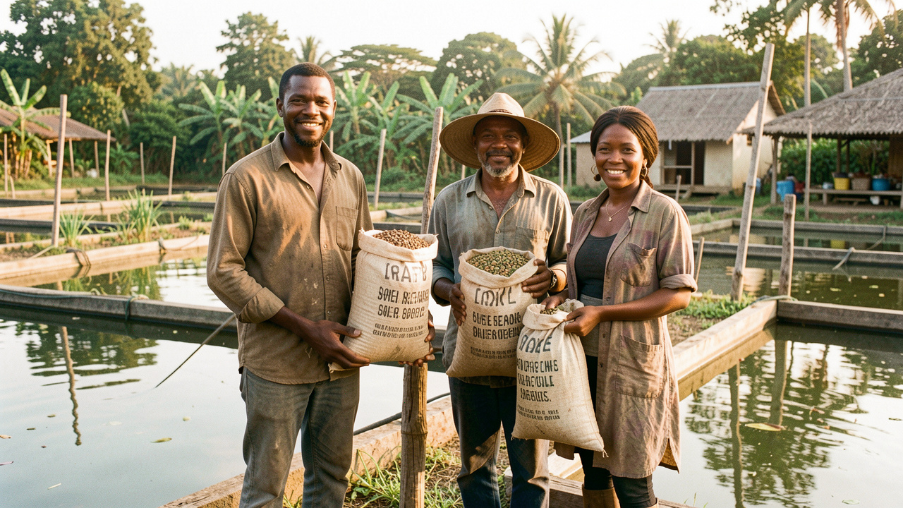 Deux hommes et une femme pisciculteurs ouest-africains posent devant des bassins d’élevage de poissons, entourés de sacs d’aliments à base d’insectes et de tourteaux végétaux.